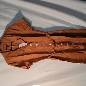 Quince European Linen Button Front Dress Terracotta L